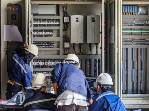 Engineer working on checking and maintenance equipment at wiring on PLC cabinet, Engineer checking status step up transformer